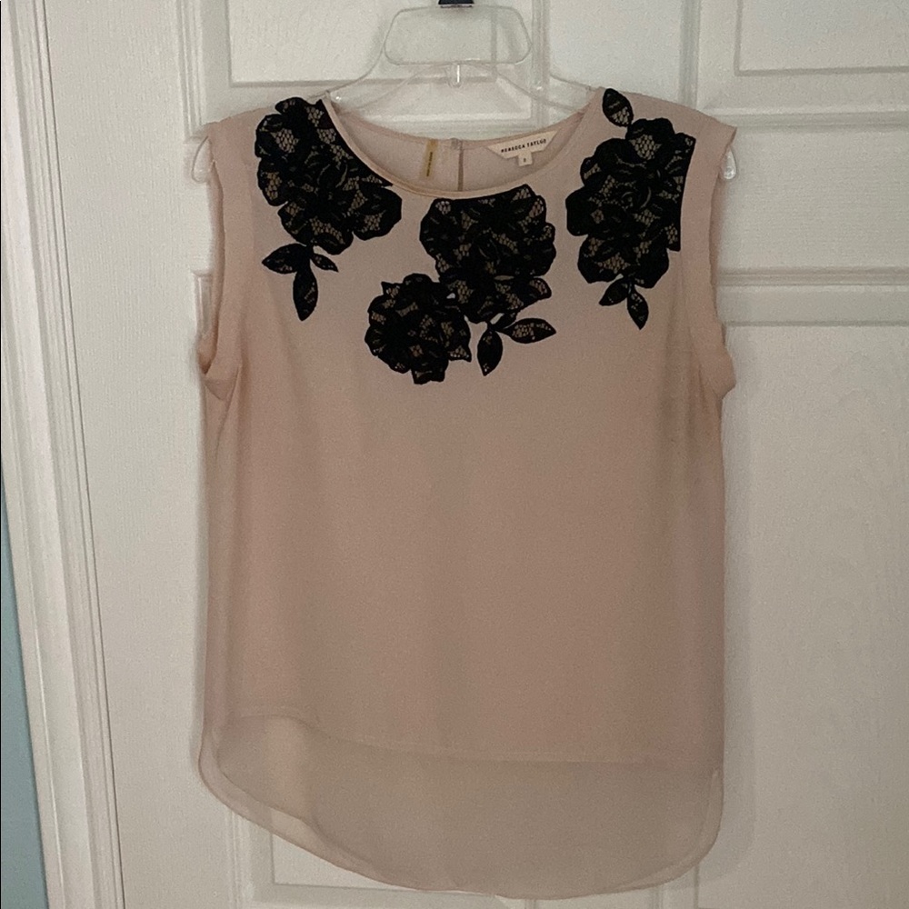 Rebecca Taylor Elegant Beige Sleeveless Top with Black Floral Accents